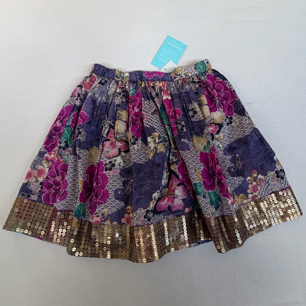 Monsoon Girls London Butterfly Floral Skirt sz 7-8 Sequin Hem Pleated Cotton